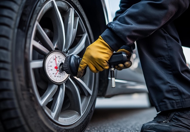 Photo photo of a mechanic measuring tire pressure with a gauge on a car wheel