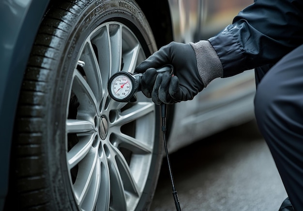 Photo photo of a mechanic measuring tire pressure with a gauge on a car wheel