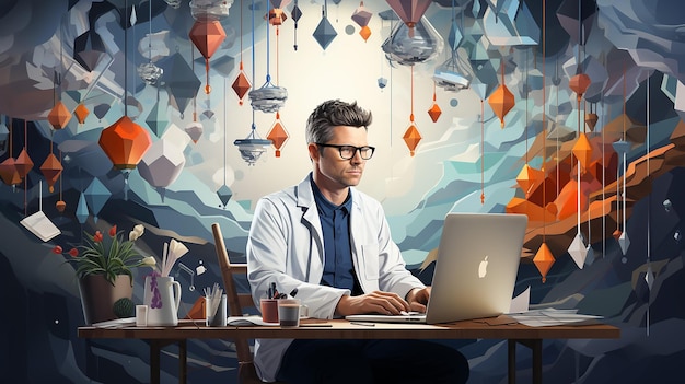 photo medical banner with doctor working on laptop