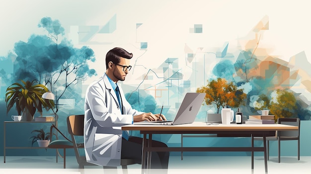 photo medical banner with doctor working on laptop