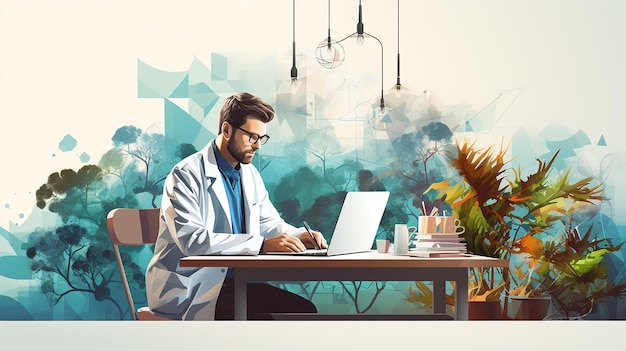 photo medical banner with doctor working on laptop