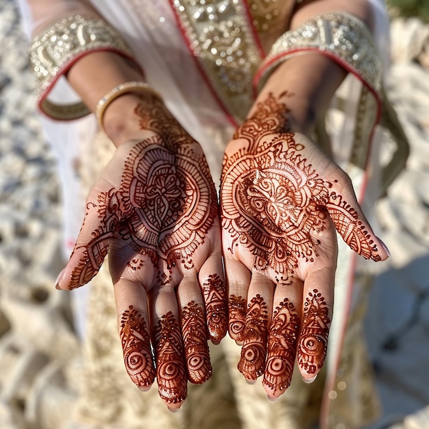 Photo photo of a mehndi wedding ornament on the hands drawn by henna