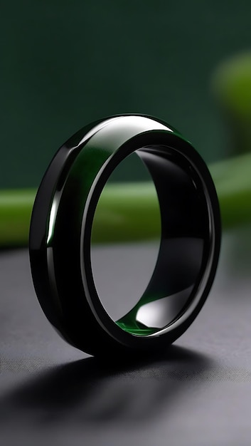 Photo photo of a mens black ceramic ring with a sleek design on a dark green background