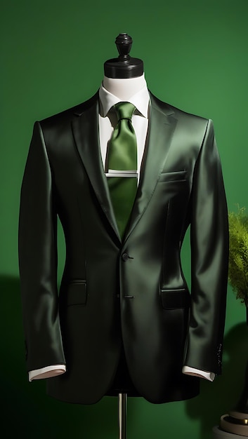 Photo photo of a mens black satin suit on a mannequin with a forest green background