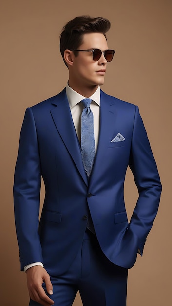 Photo photo of a mens slimfit suit in royal blue on a mannequin with a cream background