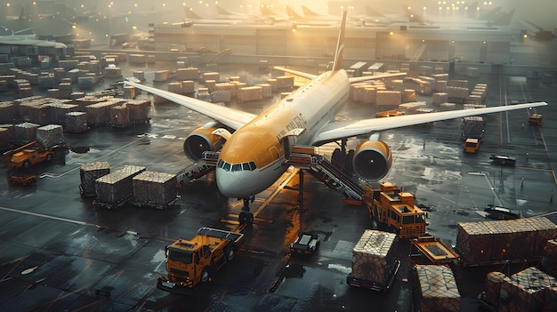 Photo photo of a meticulously orchestrated air cargo logistics operation at a bustling airport