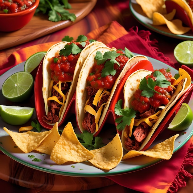 A photo of Mexican food including tacos guacamole pico de gallo nachos and others shot from the