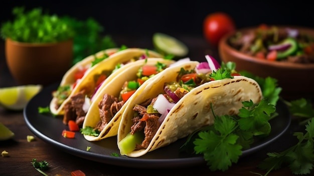 Photo Mexican tacos with vegetables meat and red onion tomato sauce and salsa