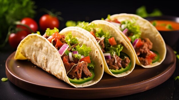 Photo Mexican tacos with vegetables meat and red onion tomato sauce and salsa