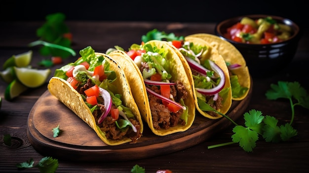 Photo Mexican tacos with vegetables meat and red onion tomato sauce and salsa