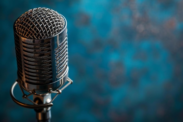 Photo of a microphone on blue background representing podcasting and social media marketing web b