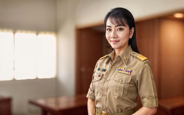 Photo of middle aged asian woman in Thai teacher uniform generative AI