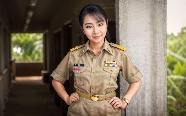 Photo of middle aged asian woman in Thai teacher uniform generative AI