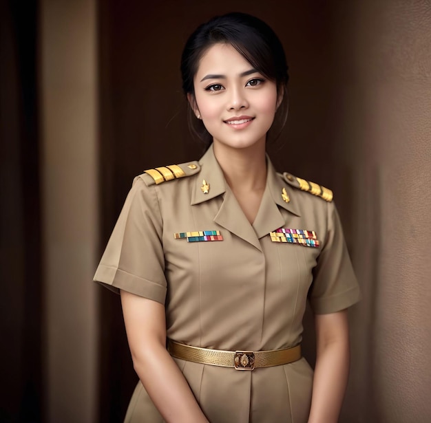 Photo of middle aged asian woman in Thai teacher uniform generative AI