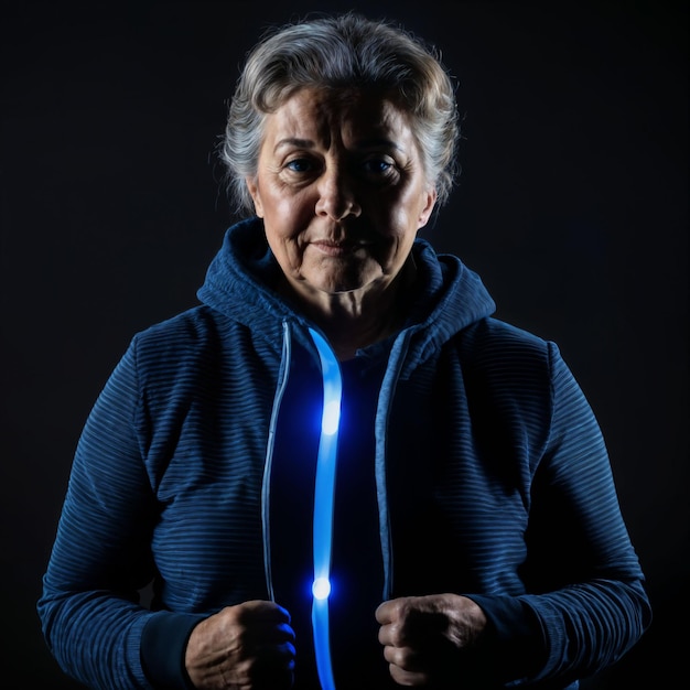 photo of middle aged old woman with blue light on black background generative AI