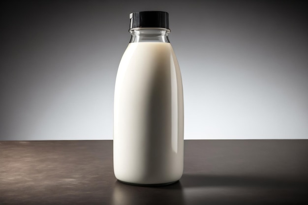 Photo a milk bottle with a black cap on a table on world milk day with generative ai