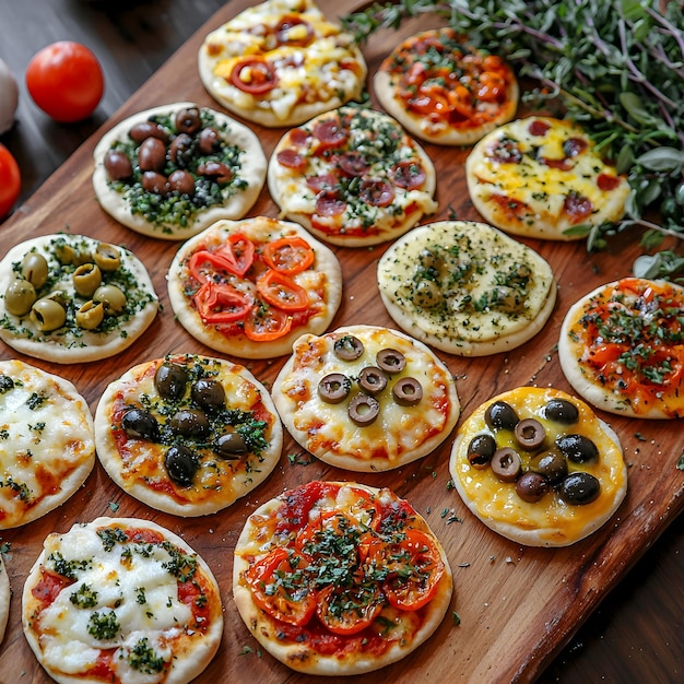 Photo photo of mini pizzas decorated with olives and herbs on a wooden board