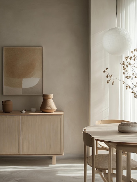 Photo photo of a minimalist dining room with light wood furniture and neutral decor