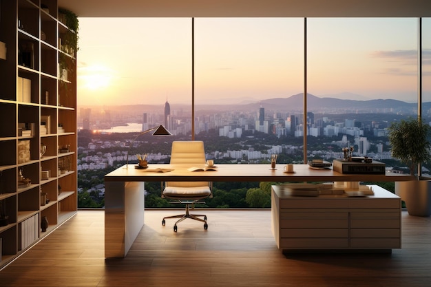 Photo of a minimalist home office with a panoramic city view