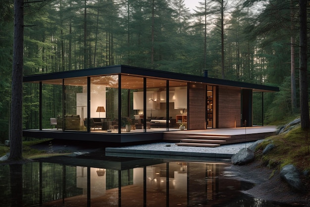 Photo of a minimalist house facing the middle of the forest