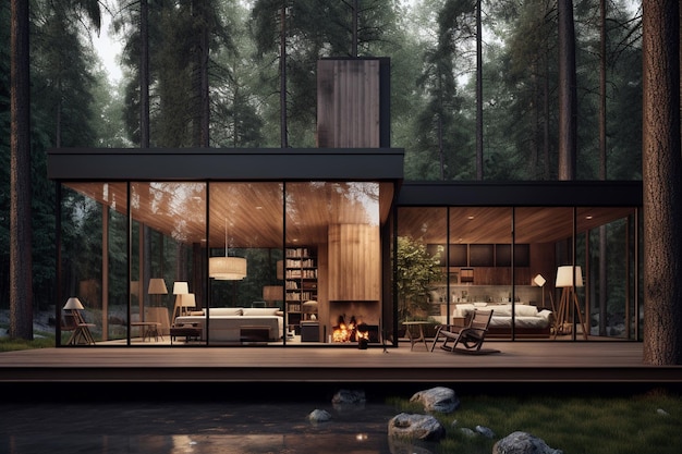 Photo of a minimalist house facing the middle of the forest