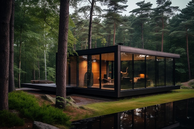 Photo of a minimalist house facing the middle of the forest