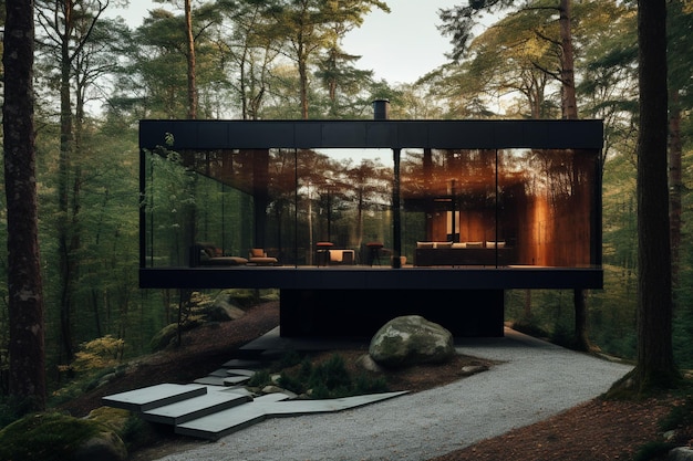 Photo of a minimalist house facing the middle of the forest