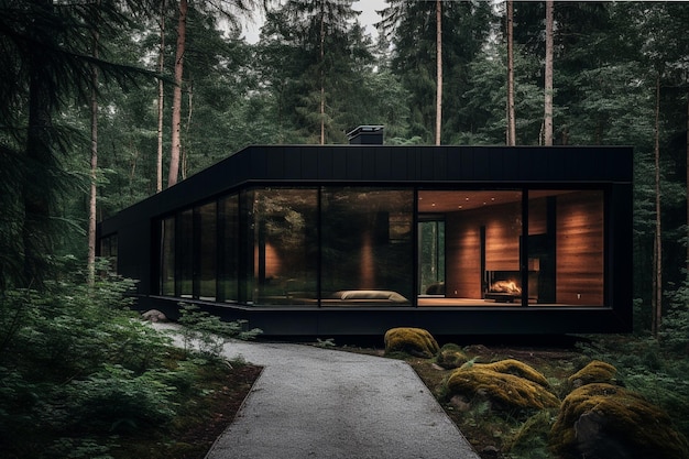 Photo of a minimalist house facing the middle of the forest