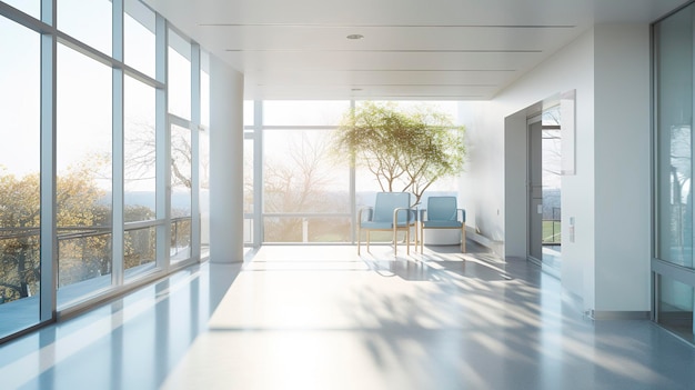 Photo of a minimalistic hospital hallway with natural lighting and seating alcoves for moments