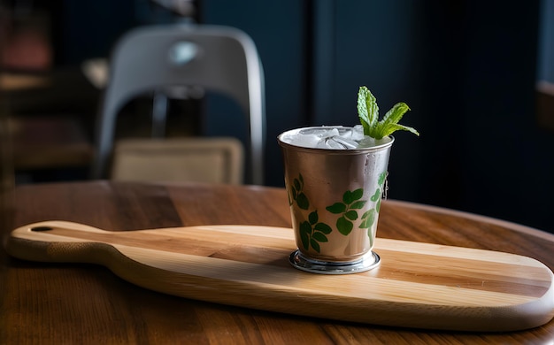 Photo Mint julep cocktail served on wooden board in restaurant setting