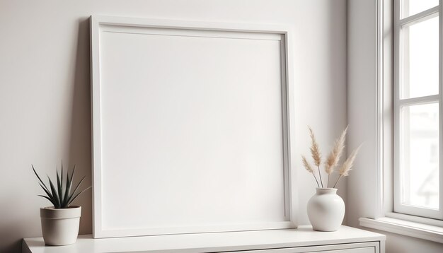 Photo mockup poster frame close up in cozy white interior background