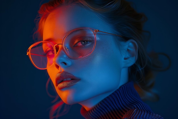 Photo of a model on a minimalistic background a charismatic modern young woman generation Z wearing glasses Neon light is warm and cold