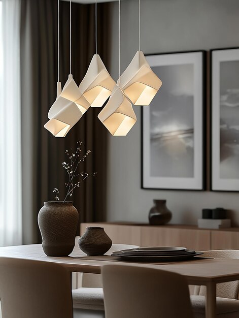 Photo photo of a modern dining room with moody lighting and minimalist decor