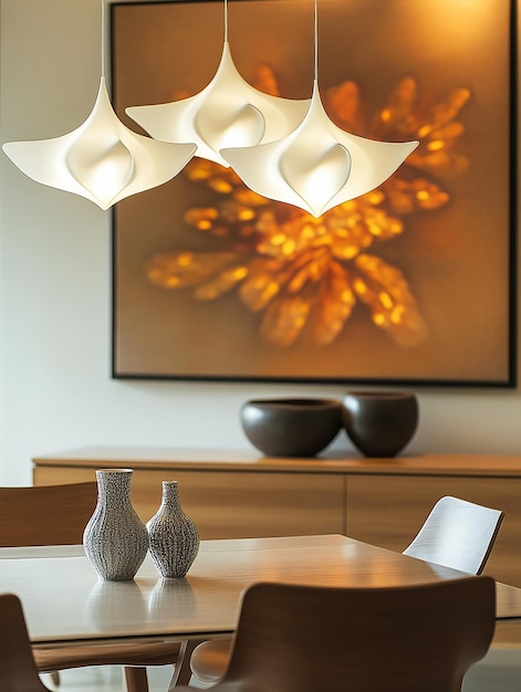 Photo photo of a modern dining room with moody lighting and minimalist decor