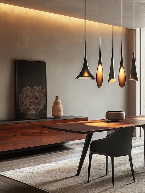 Photo of a Modern Dining Room with Moody Lighting and Minimalist Decor