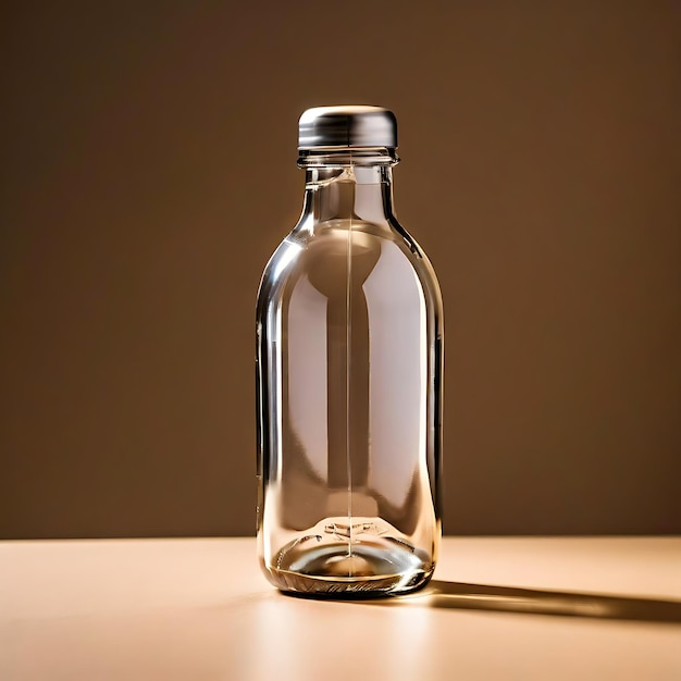 Photo of a modern glass water bottle set with stainless steel caps on a light brown background