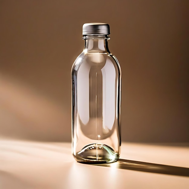 Photo of a modern glass water bottle set with stainless steel caps on a light brown background