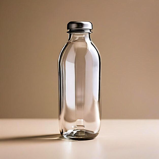 Photo of a modern glass water bottle set with stainless steel caps on a light brown background