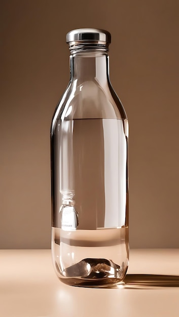 Photo of a modern glass water bottle set with stainless steel caps on a light brown background