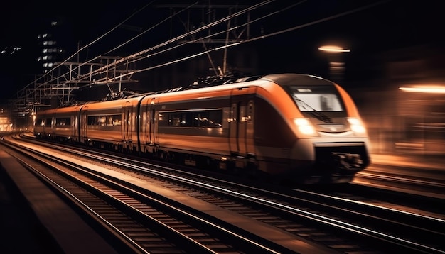 Photo of modern high speed train passing through the city at night Generative AI