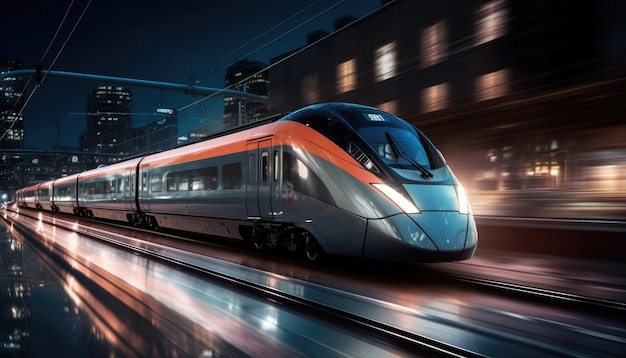 Photo of modern high speed train passing through the city at night Generative AI