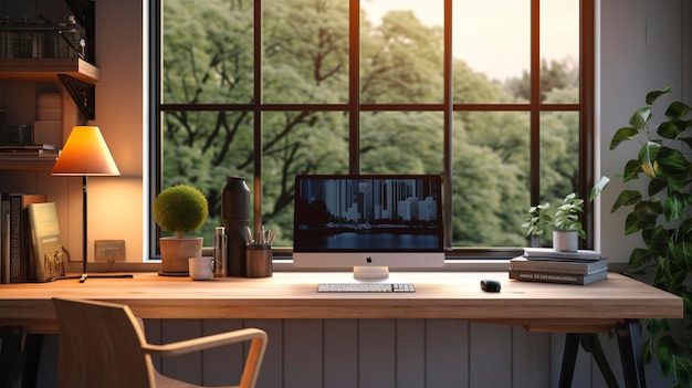 A photo of a modern home office with a desk and computer