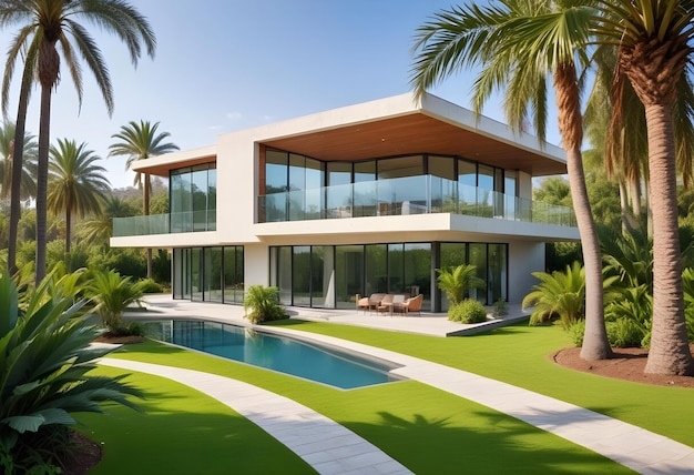 Photo modern house with garden in the park summer palm trees with a beautiful view