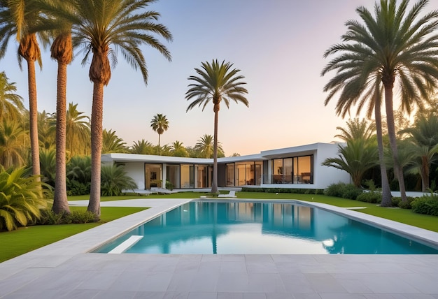 Photo modern house with garden in the park summer palm trees with a beautiful view