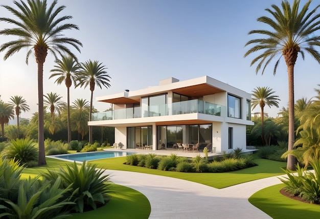 Photo modern house with garden in the park summer palm trees with a beautiful view