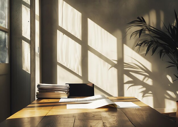 Photo photo of a modern interior design an empty wooden table with papers and documents on it in the corner of a minimalistic office room shadowplay sunlight from the window