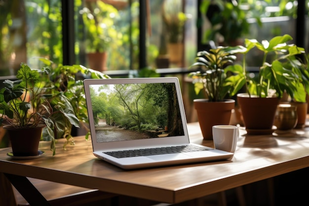 A photo of Modern laptop with blank screen and coffee cup on wooden table in office Generative AI