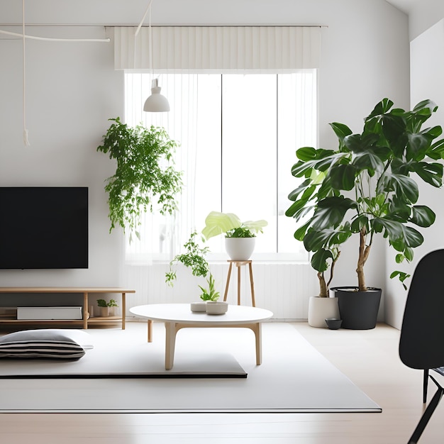 Photo of a modern living room featuring indoor plants and a large television