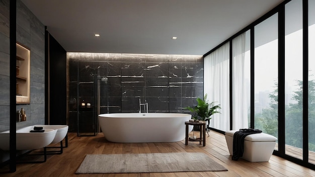 Photo modern and loft bathroom interior design white bathtub with marble wall