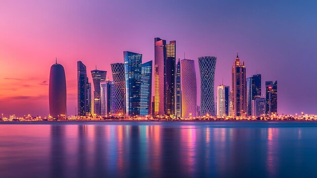 Photo photo of modern skyscrapers at dusk description a wideangle shot of iconic gulf city skylines suc